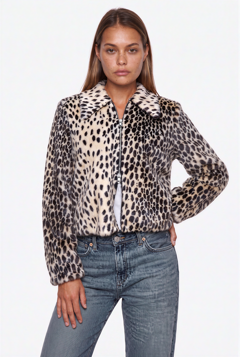 Faux Fur Leopard Print Zip-Up Jacket