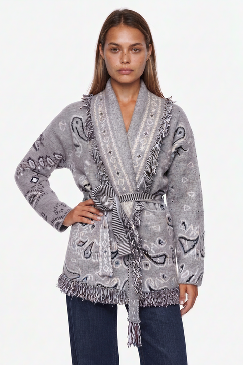 Cardigan con stampa western e cintura da annodare in vita