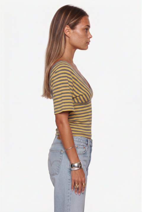 Yellow & Grey Striped V-Neck Crop Top