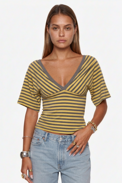 Yellow & Grey Striped V-Neck Crop Top