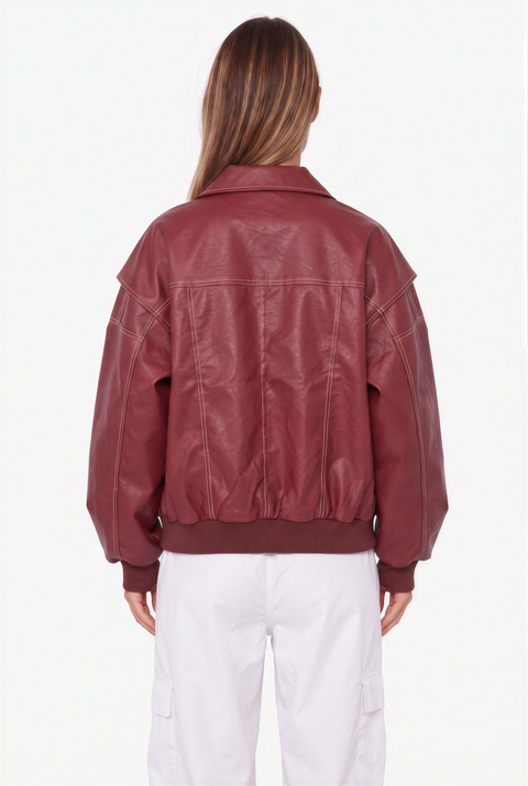 Oversized Crimson Contrast-Stitch Bomber Jacket