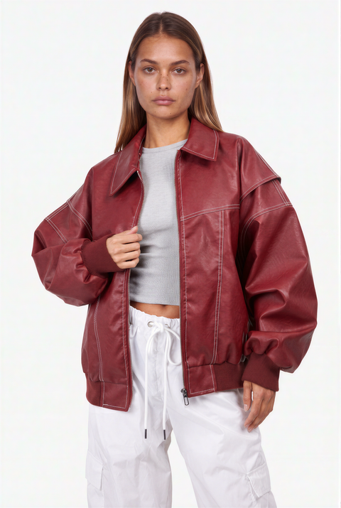 Oversized Crimson Contrast-Stitch Bomber Jacket