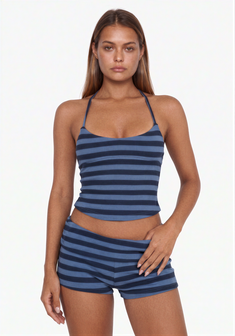 Completo a due pezzi a righe blu e bianche