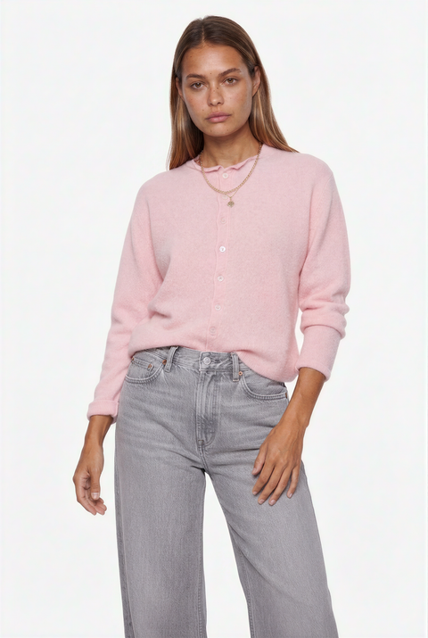 Soft pink button-up knit cardigan