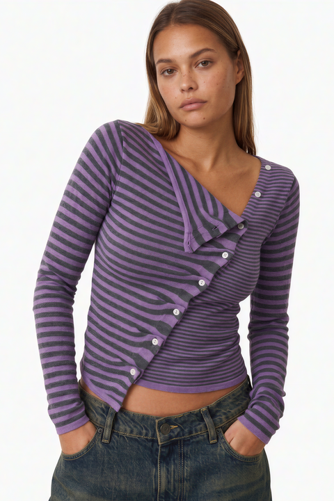 Diagonal Button-Front Striped Top