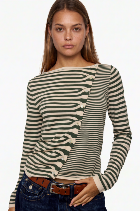 Diagonal Button-Front Striped Top