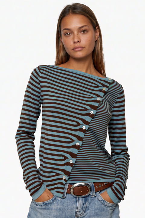 Diagonal Button-Front Striped Top