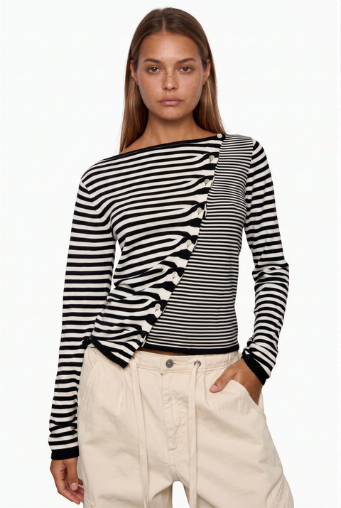 Diagonal Button-Front Striped Top