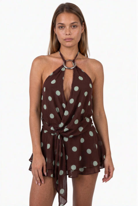 Chocolate Polka Dot Halter Mini Dress