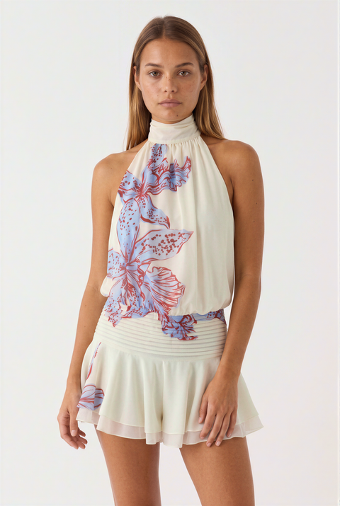Cremefarbenes kurzes Neckholder-Kleid mit Blumenmuster und tiefsitzender Taille