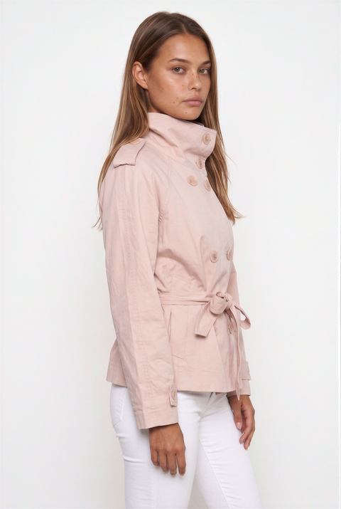 Coquette Pastel Pink Tie-Waist Cropped Trench Jacket