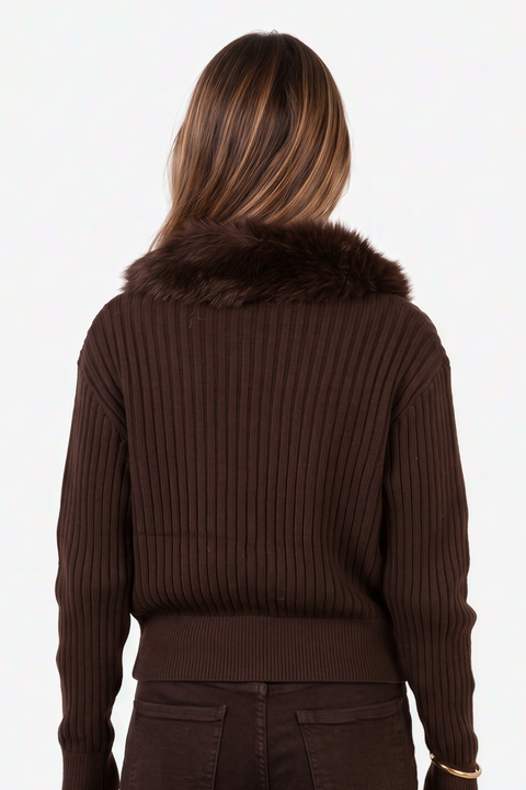 Espresso Faux Fur Collar Double-Zip Ribbed Cardigan