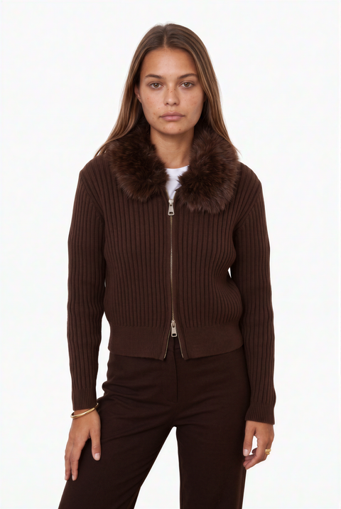 Espresso Faux Fur Collar Double-Zip Ribbed Cardigan