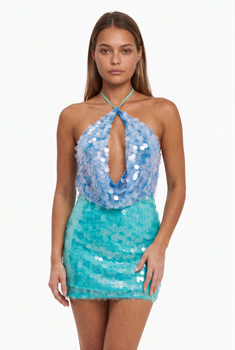 Robe courte à sequins bicolore bleu et bleu aqua