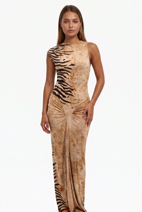 Ärmelloses Maxi-Kleid mit gerafftem Tigerprint