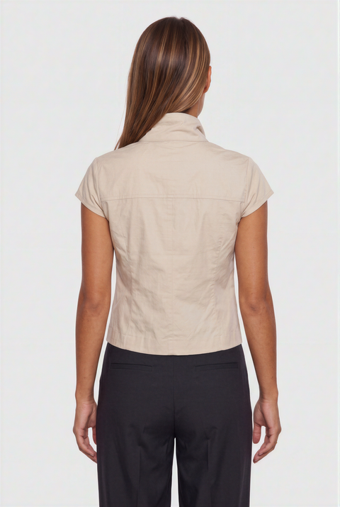 Stone Beige Structured Trench-Inspired Fitted Top