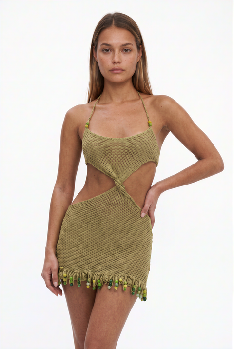 Olivegrünes, gehäkeltes Mini-Kleid mit Cut-Outs