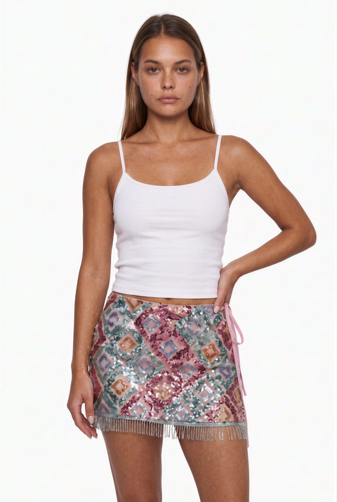 Geometric Diamond Sequin Fringe Mini Skirt