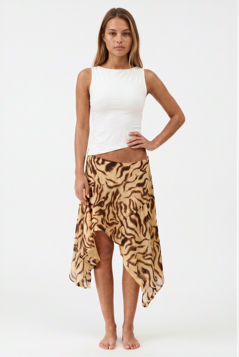 Tiger Print Asymmetric Ruffle Skirt