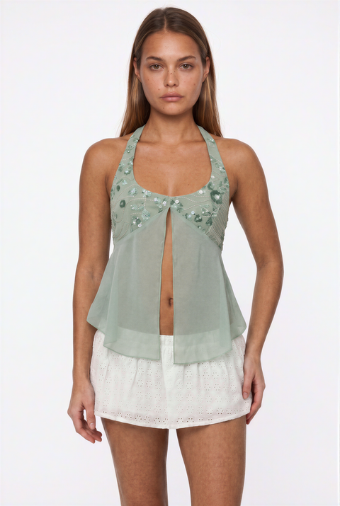 Sage Beaded Chiffon Flyaway Top