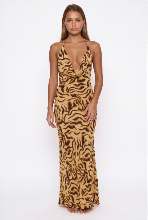 Cowl Neck Abstract Animal Print Maxi Dress