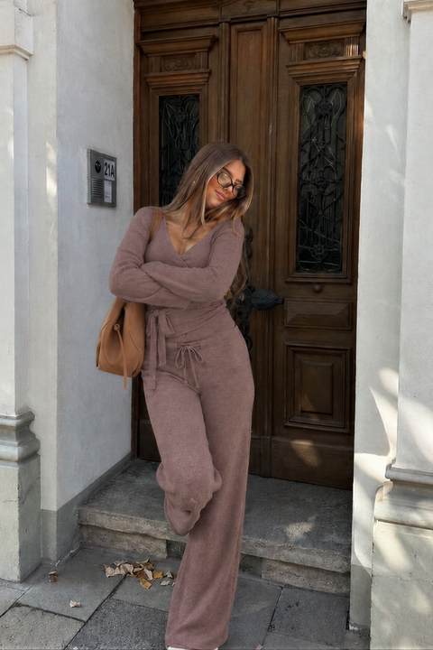 Ribbed Knit Wrap Top & Wide-Leg Pants Lounge Set