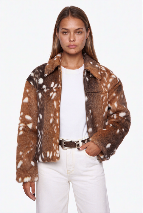 Fawn Pattern Fuzz Bomber Jacket