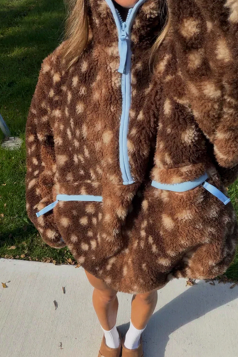 Retro Bambi Print Fluffy Half-Zip Jacket
