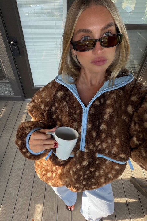Retro Bambi Print Fluffy Half-Zip Jacket