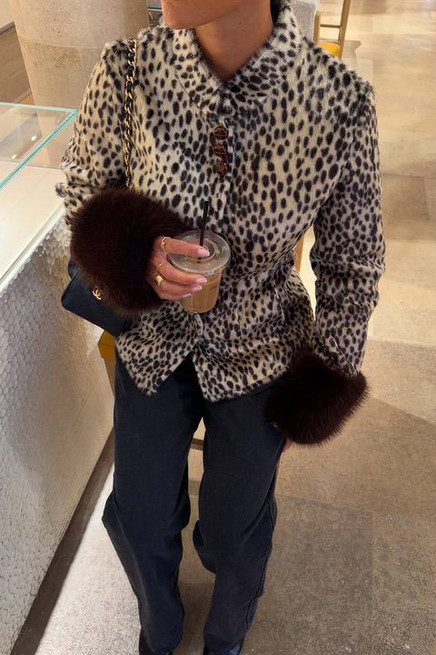 Cheetah Print Faux Fur Collar Jacket
