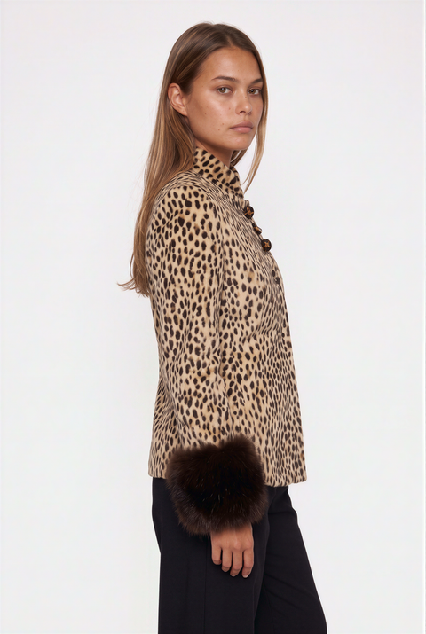 Cheetah Print Faux Fur Collar Jacket