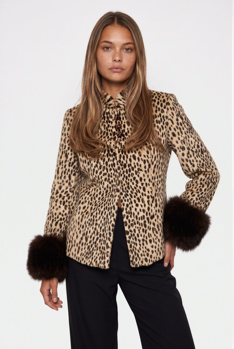 Cheetah Print Faux Fur Collar Jacket