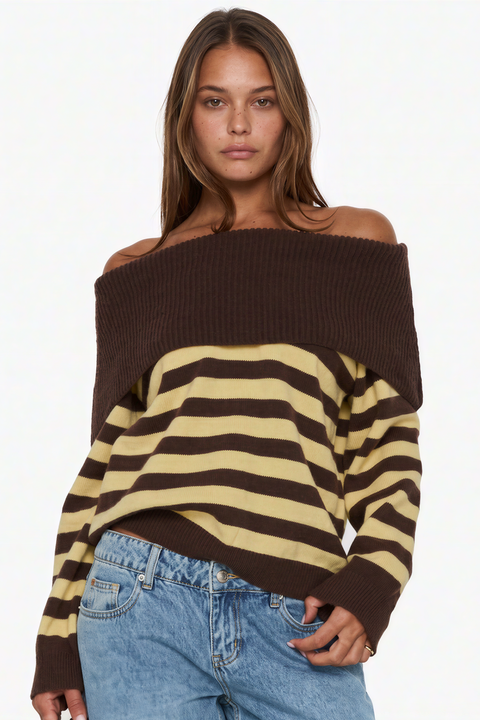 Foldover Striped Knit Sweater