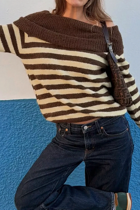 Foldover Striped Knit Sweater