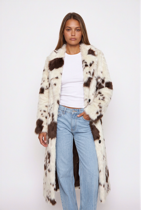 Cow Print Faux Fur Maxi Coat