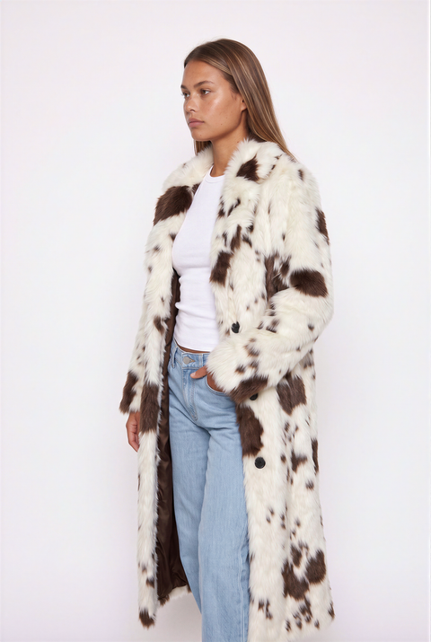 Cow Print Faux Fur Maxi Coat