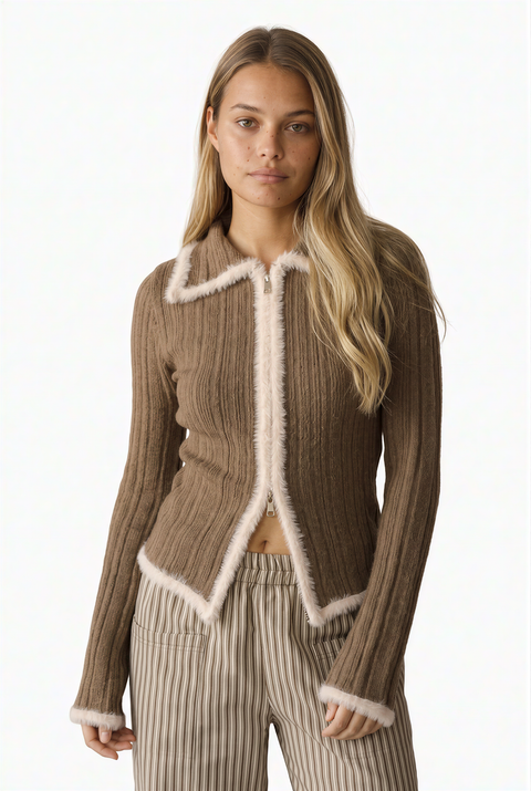 Brown Ribbed Knit Cardigan