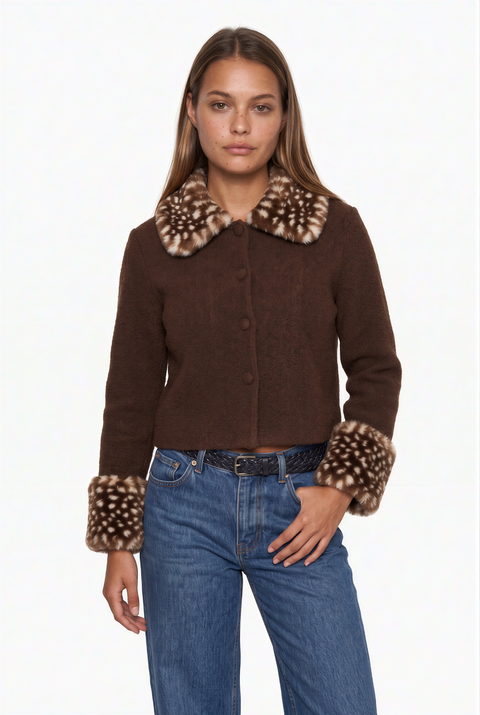 Fawn Print Collar & Cuffs Cropped Jacket