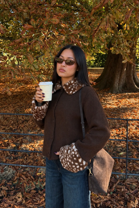 Fawn Print Collar & Cuffs Cropped Jacket
