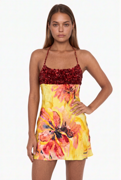 Vestido curto floral tropical de alças finas