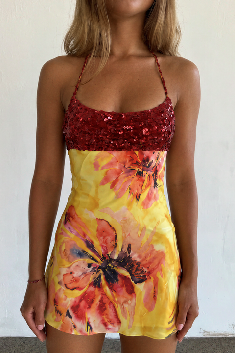 Vestido curto floral tropical de alças finas