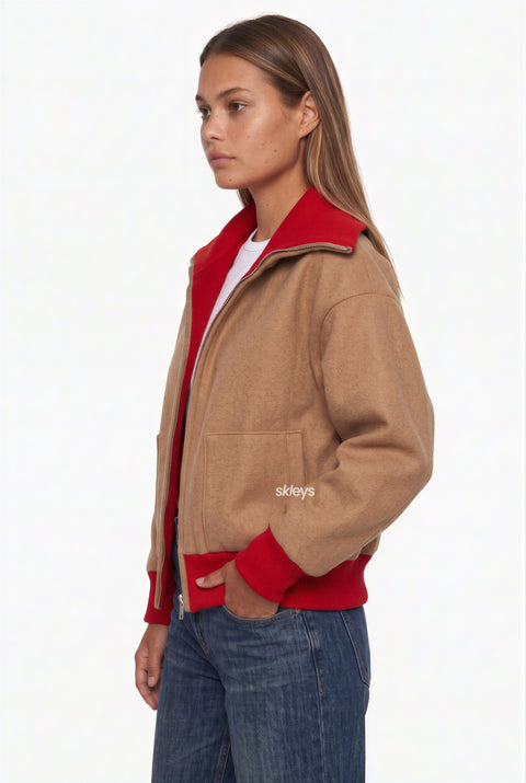 Camel Cardigan with Red Ribbed Trim