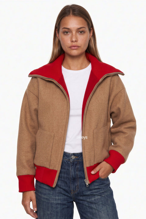 Camel Cardigan with Red Ribbed Trim