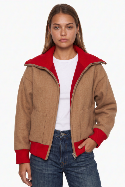 Camel Cardigan with Red Ribbed Trim