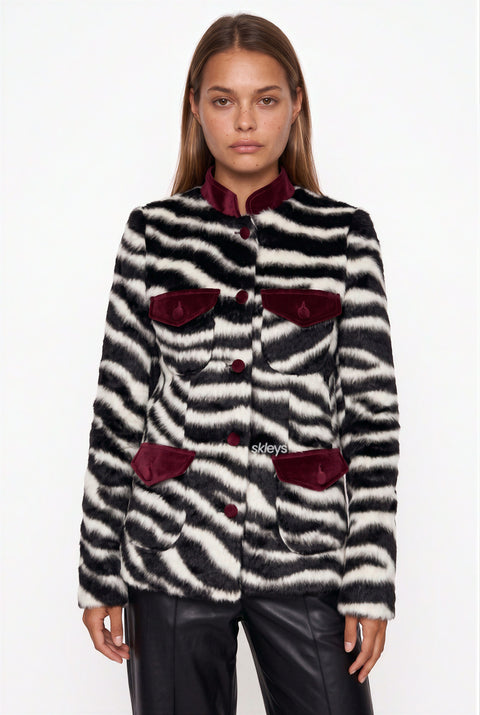 Zebra Pattern Fur Coat with Contrast Velvet