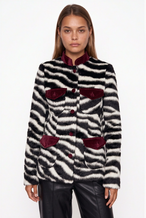 Zebra Pattern Fur Coat with Contrast Velvet