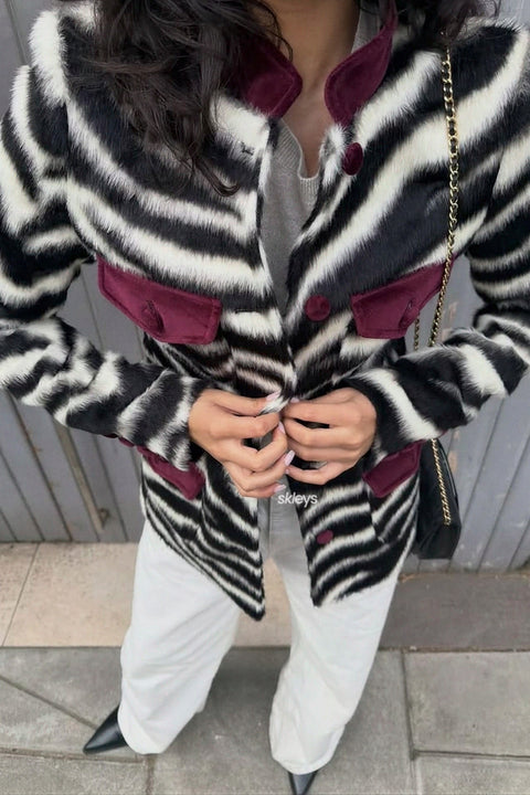 Zebra Pattern Fur Coat with Contrast Velvet