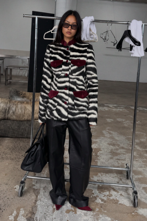Zebra Pattern Fur Coat with Contrast Velvet