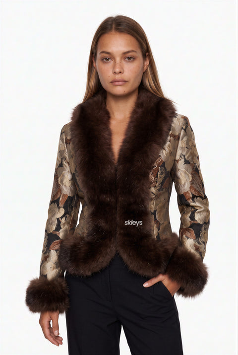 Tapestry Print Coat with Faux Fur