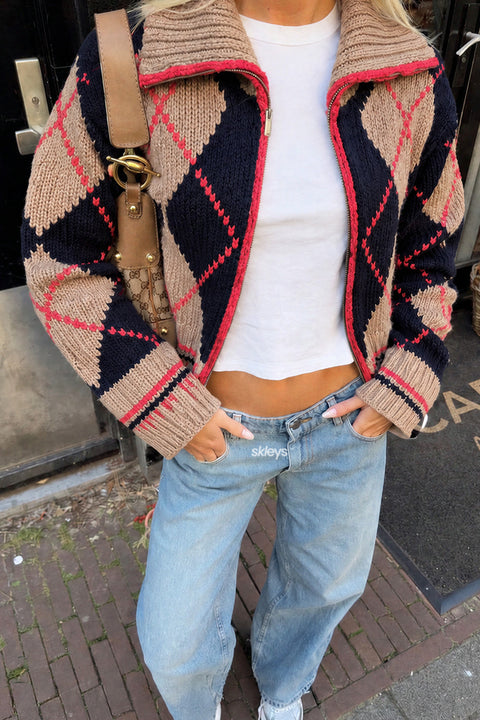 Argyle Pattern Zip Cardigan